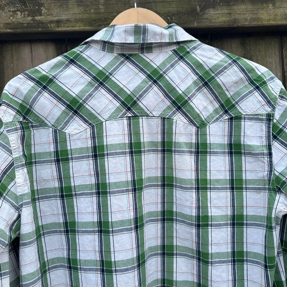 Aeropostale Plaid Western Pearl Snap Long Sleeve Shirt Green Sz Medium Retro Y2K